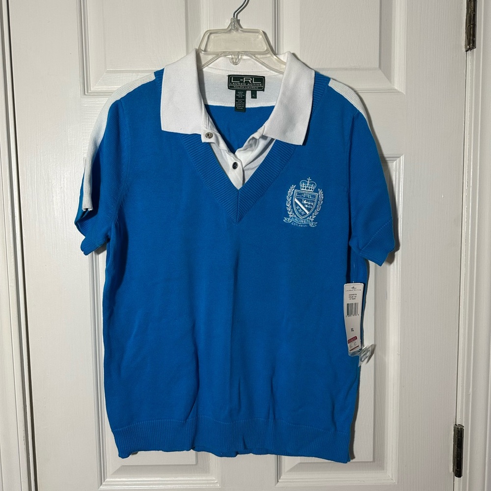 Ralph Lauren Blue and White Short-Sleeve Polo Sweater